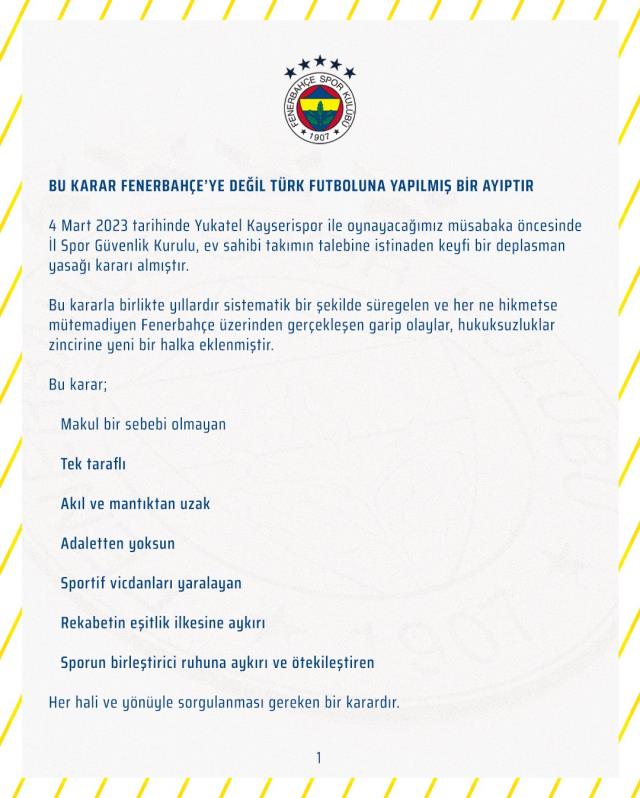 Deplasman yasağı için Fenerbahçe'den sert açıklama: Bu ayıp Türk futboluna yapılmıştır