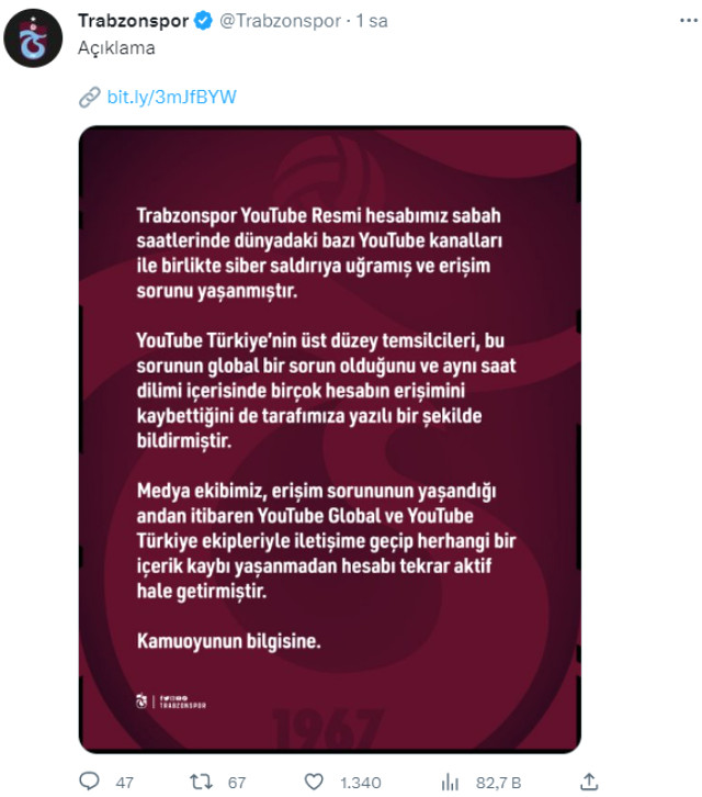 Hesap kurtarıldı! Siber saldırıya uğrayan Trabzonspor'un YouTube kanalı eski haline döndü
