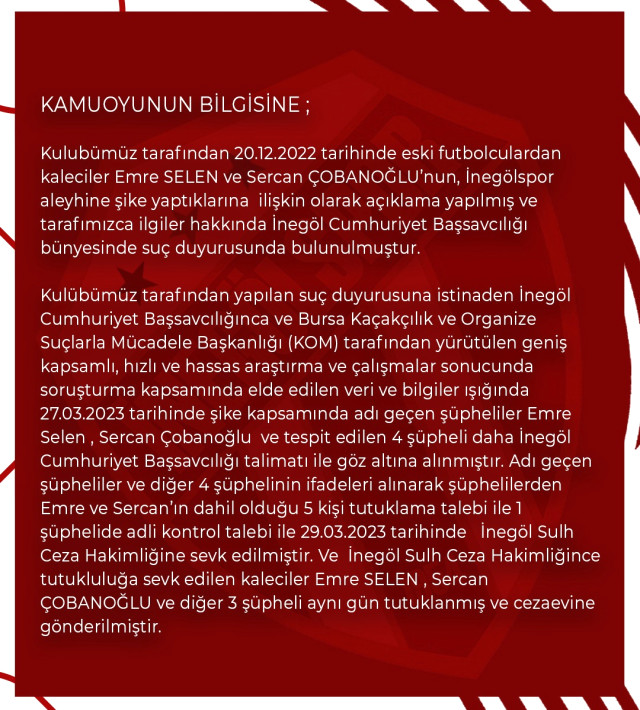 Türk futbolunun 70 yıllık kulübünde deprem! İnegölspor, iki futbolcunun şikeden tutuklandığını açıkladı