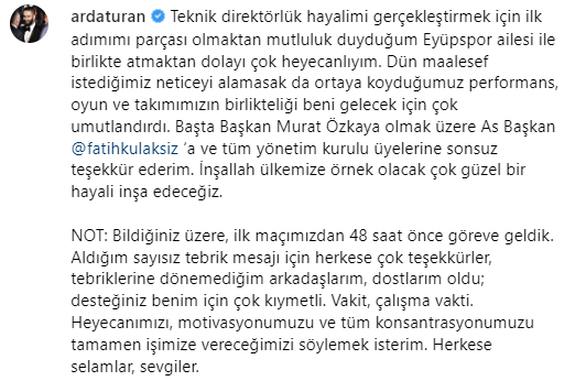 İlk maçında mağlubiyet alan teknik direktör Arda Turan'dan dikkat çeken paylaşım